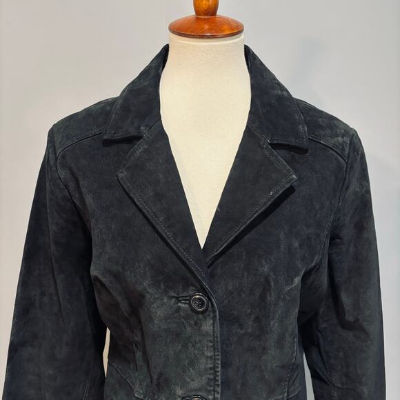 Vintage Black 100% Suede Leather Knee-Length Car Coat Jacket, Women's Size M - Picture 2 of 7